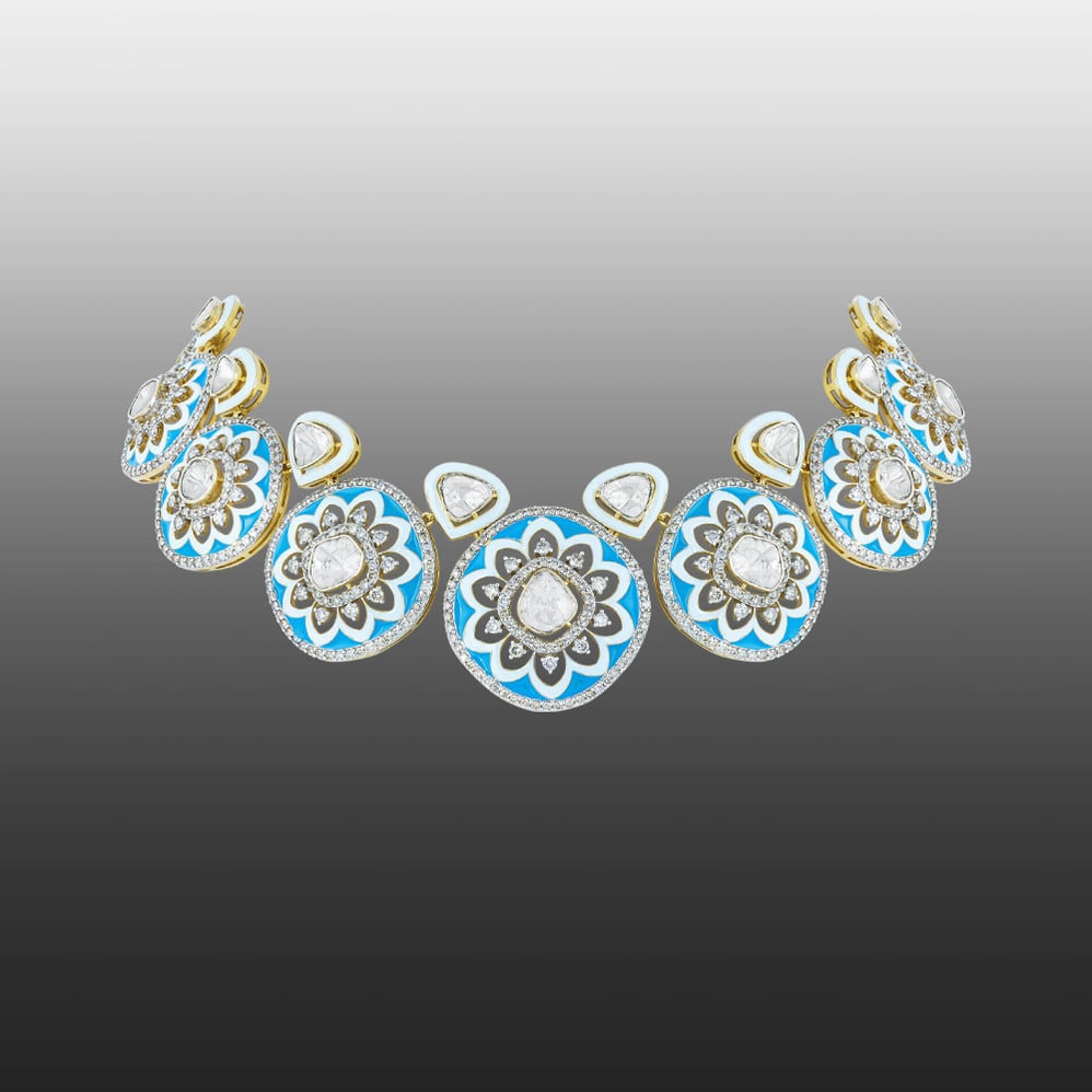 Blue Enamel Polki Necklace with Flower Motifs & Diamond Halos